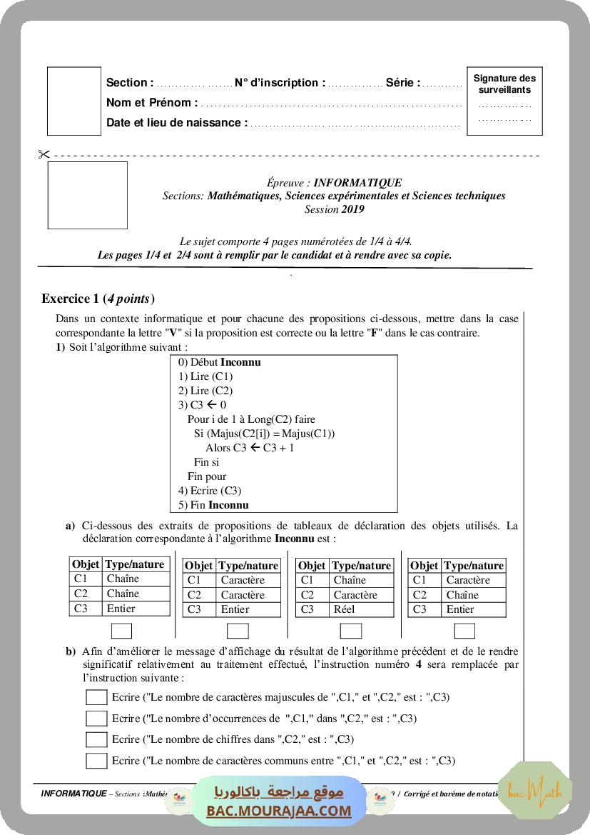 Corrigé principale info Bac 2019 – Section math